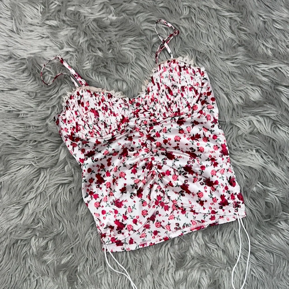 For Love & Lemons Melrose Floral Lace Trim Cut-Out Back White & Red Bustier Top